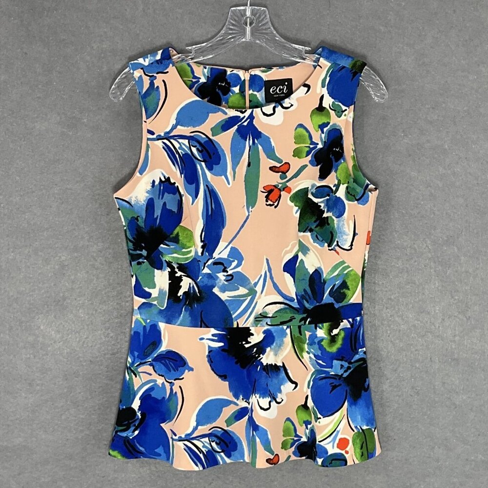 ECI Top Womens Sz S Floral Sleeveless Peplum Zip Back Bold Career Office Event